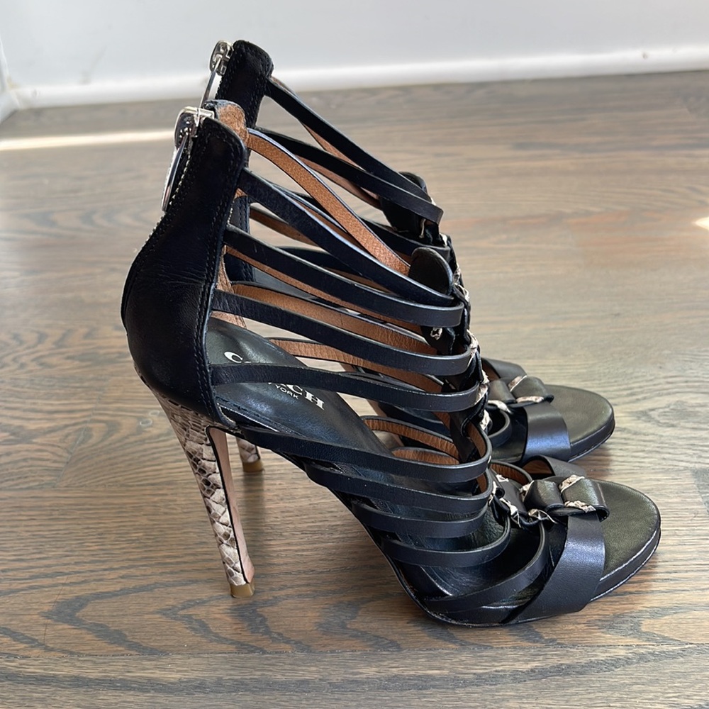 Women’s Coach “Josey” Black Leather Lizard Print Caged High Heels Size 5B